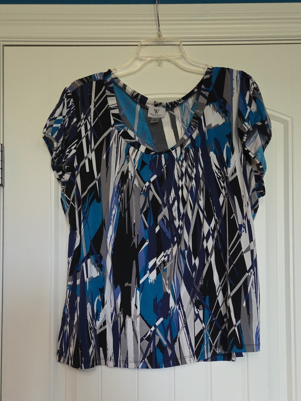 Worthington Teal Blue Black White Abstract Short Sleeve Top